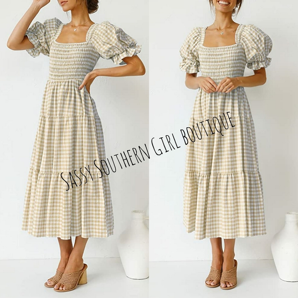 🆕⭐ Romantic tan checked puff sleeve tiered maxi dress